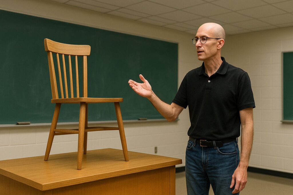 Slender bald professor with glasses and wrinkled jeans in a college classroom, gesturing beside a wooden chair placed on a desk during a philosophy lecture.